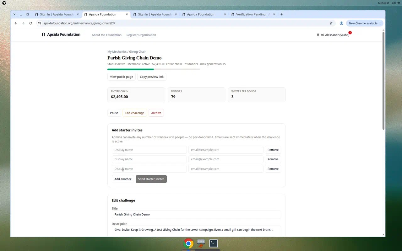 Giving Chain setup screen with title, invitation limit, response window, and starter invites filled in