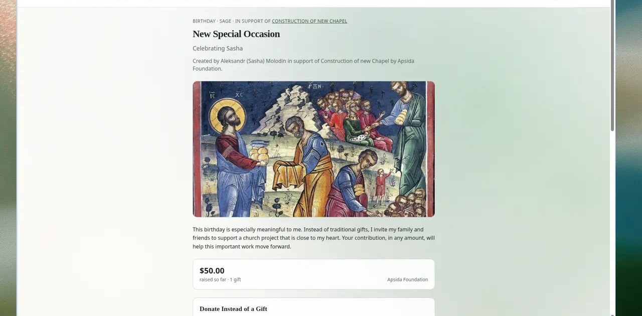 Published Special Occasion fundraising page with story, progress, and share controls